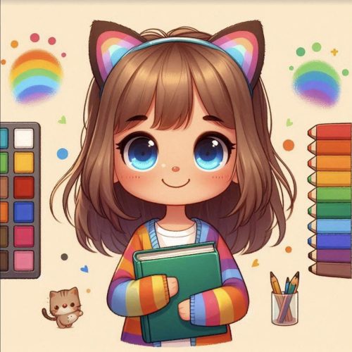 anime style illustration of Isabela, a 7 year old trans girl with chin-length brown hair, bright blue eyes, and rainbow cat eats